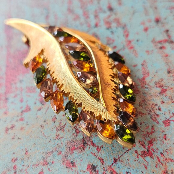 Vintage JJ Gold & Orange Green Brown Stones Fall Statement Leaf Brooch - Picture 2 of 5